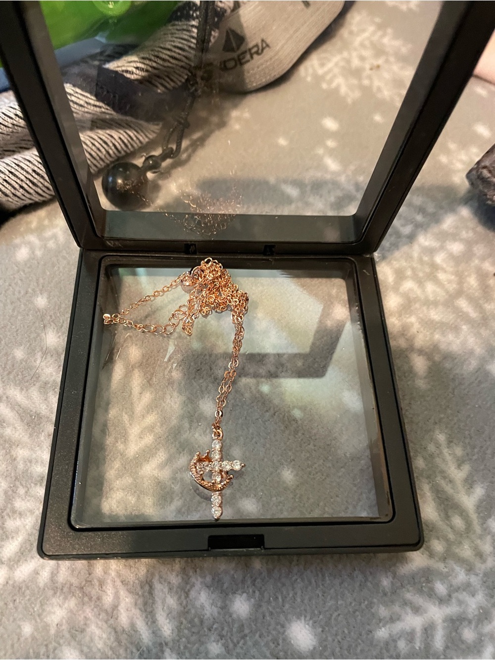 Rose Gold Crescent & Cross Pendant Necklace with Crystal Accents